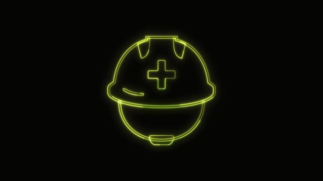  Rescue Worker Helmet Icon Neon Seamless Loop 4K with Black Background Animated Promotional Typography for Video Editing