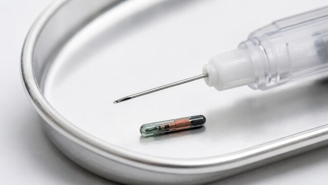 Subdermal RFID microchip implant in glass capsule next to hypodermic needle on stainless steel medical tray, close-up veterinary or medical device image