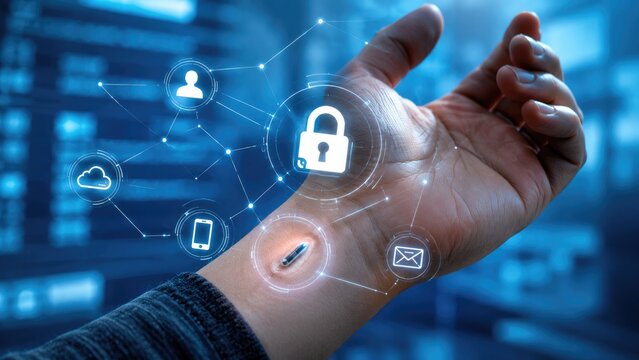 Futuristic wrist with implanted microchip and holographic security icons representing wearable tech, biometric authentication, cybersecurity and network connectivity