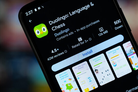 Dhaka, Bangladesh - 29 April , 2026: duolingo app page on Google Play Store on a smartphone screen.