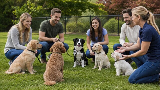 Group dog training session outdoors with owners and multiple breeds of puppies and adult dogs sitting attentively on grass