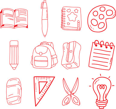 Hand drawn collection of various school and office stationery supplies featuring a book pen notebook palette pencil backpack sharpener notepad eraser ruler scissors and light bulb in simple red outlin