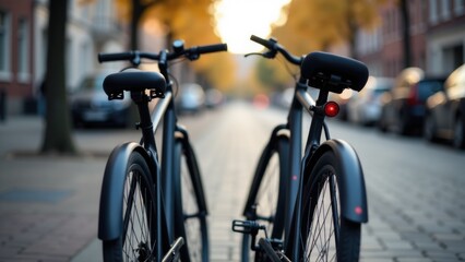 Fototapeta premium A couple of bicycles parked along the sidewalk, ready for use