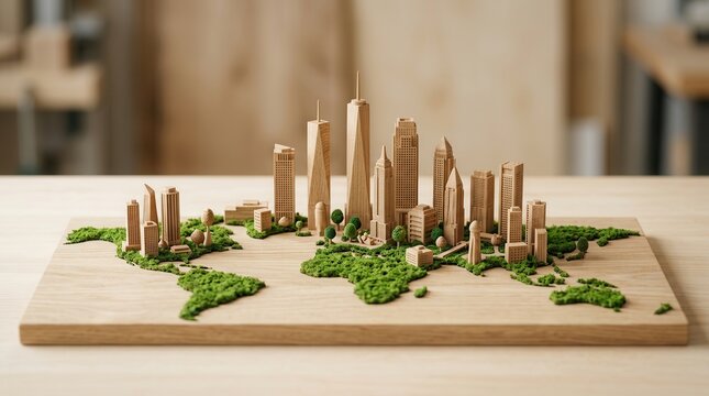 Sustainable business model concept featuring wooden city buildings on a world map.