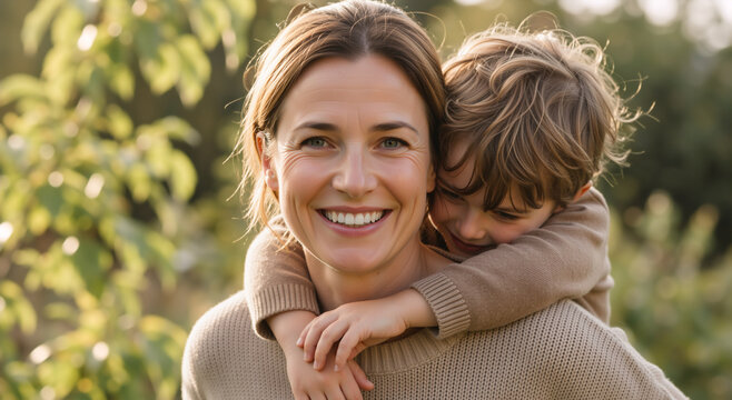 Portrait of a smiling mother giving her young son a piggyback ride outdoors. Happy family bonding in a sunny park. Motherhood and childhood concept
