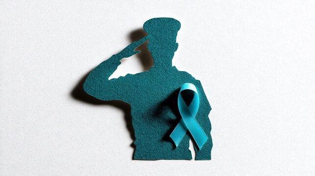 Paper cut military soldier saluting with teal ribbon on light background. Symbol of veteran PTSD, military mental health, combat stress awareness, and honoring soldiers with post traumatic stress diso