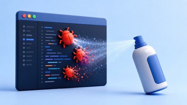 3D illustration of a spray bottle disinfecting red software bugs in a computer code window, symbolizing malware removal, antivirus action and cybersecurity