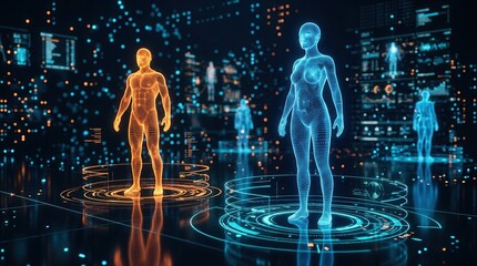 Fototapeta premium Digital human figures in a futuristic interface representing personalized medicine and precise diagnostics.