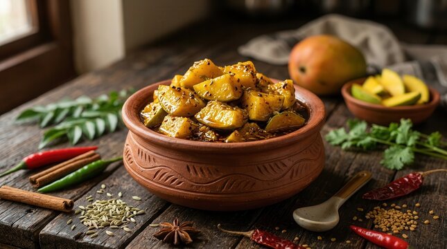 Homemade mango pickle preserved in a traditional clay pot with spices.