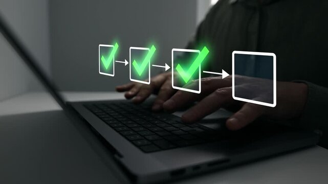 Business checklist workflow project task management concept planning.Project tracking, certification,compliance verification and productivity system for digital organization and strategy execution.	
