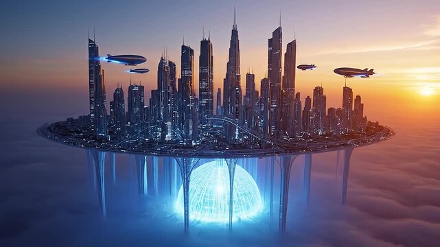 Futuristic metropolis floats high above the clouds at sunset, anchored by a massive, glowing blue energy core underneath. Sleek airships cruise past towering skyscrapers. Advanced sci-fi civilization