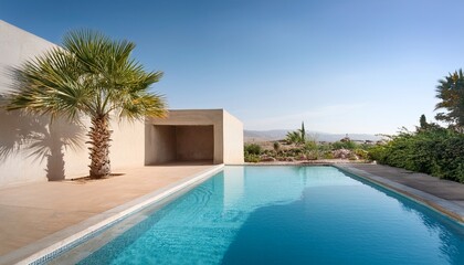 Fototapeta premium tropical garden and swimming pool in modern luxury vacation house desert architecture design background mediterranean villa with empty concrete wall palm tree poolside and patio space