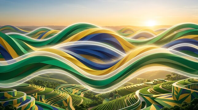 Vibrant wavy lines dance across rolling hills at sunset over countryside landscape