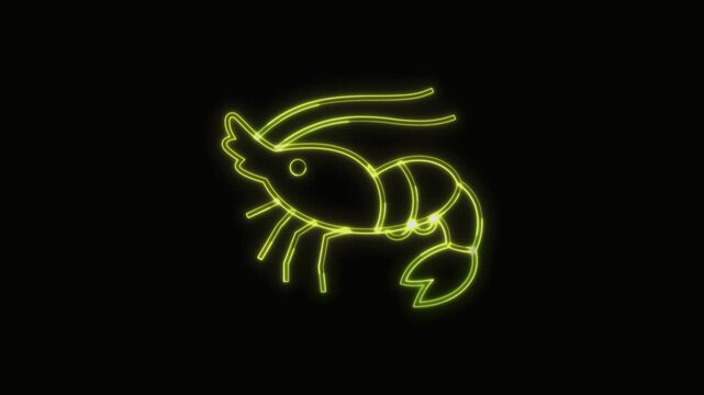  Shrimp Icon Neon Seamless Loop 4K with Black Background Animated Promotional Typography for Video Editing