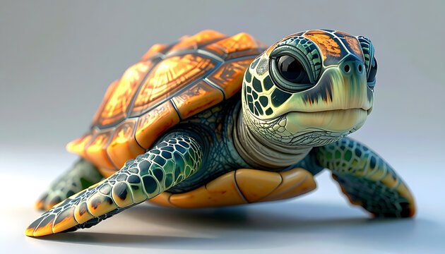 Detailed sea turtle with intricate shell pattern and wise eyes, isolated on a soft neutral background, symbolizing nature and longevity