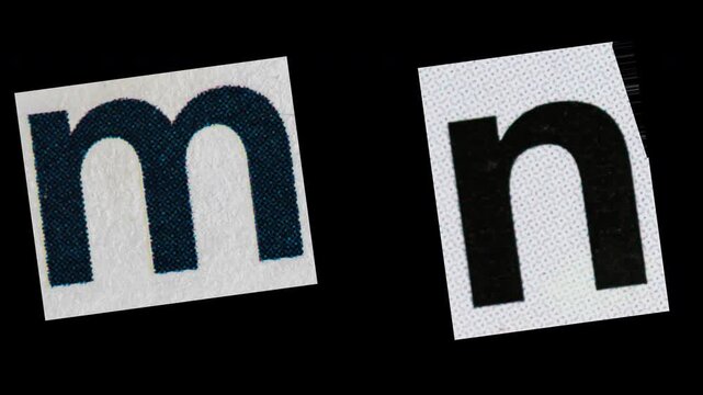 Stop Motion graphic Alphabet letter M N magazine paper cut collage, ransom note style text,  additional video elements on transparent background (Alpha Channel)