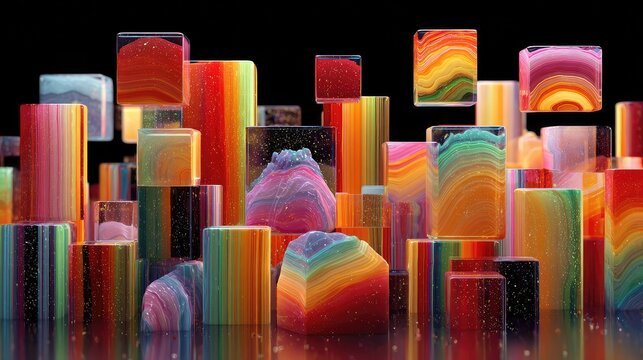 Glowing 3D geometric shapes with vibrant neon colors on reflective dark surface