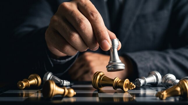 Business strategy concept with businessman hand moving silver rook chess piece knocking down gold king on chessboard

