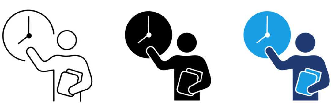 Business Workflow Optimization Icon Set. Character holding files pointing at clock for Project Deadline, Efficiency, and Working Hours.