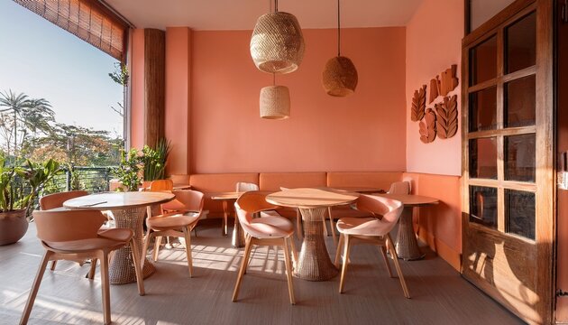 warm bali sunlight cafe interior with peach fuzz color walls maximalist design