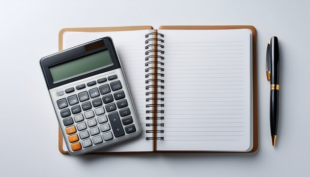 calculator notebook and pen on a white background perfect for finance accounting and office work concepts
