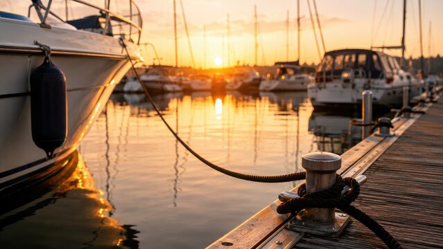 Sunset-lit marina with yachts moored to a wooden dock, warm golden reflections on calm water and close-up mooring rope on a cleat