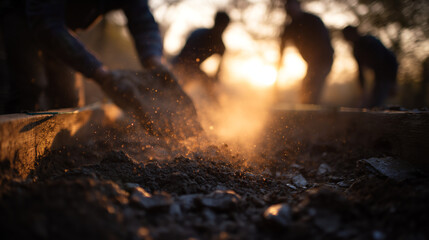 Fototapeta premium Archaeologist sifting loose soil at sunset with airborne dust and debris glowing in warm backlit golden light while silhouetted workers dig in the background
