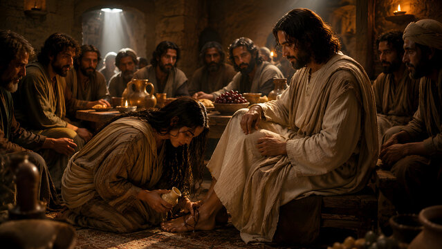 A cinematic depiction of a woman kneeling to pour oil on the feet of Jesus Christ, surrounded by his disciples in a rustic, candlelit ancient setting.