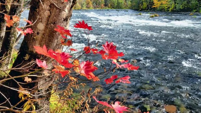 Vibrant red maple leaves on a tree branch by a flowing river in autumn