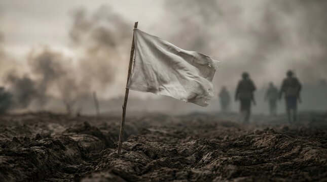 A white flag of surrender stands in a desolate battleground amid the aftermath of conflict.