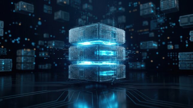 Glowing layered server stack on a circuit surface representing database migration.