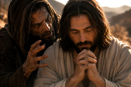 A cinematic portrayal of Jesus Christ in prayer in the desert, being approached and tempted by a dark, weathered figure representing the devil.