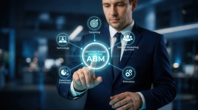 Businessman pressing virtual touchscreen displaying ABM account-based marketing concept.