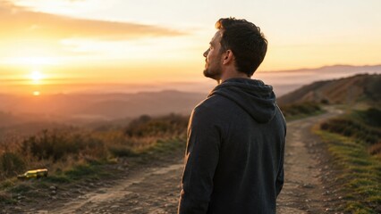 Naklejka premium Man in a hoodie standing on a dirt hill path watching a golden sunset over rolling hills