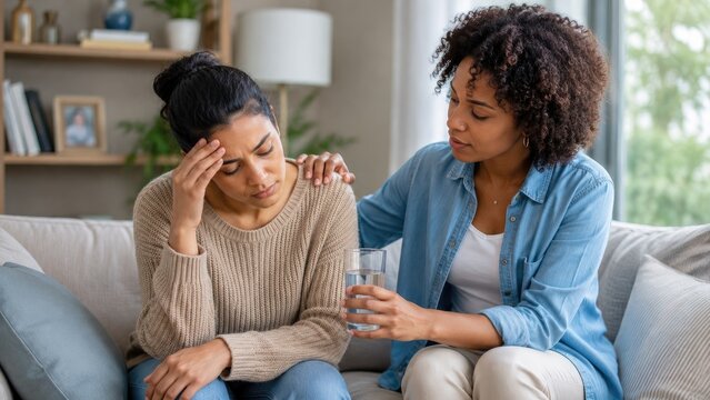 Two women on a sofa, one comforting the other by offering water and emotional support in a cozy living room
