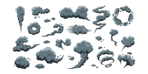 Fototapeta premium Set of cartoon smoke clouds and dark steam puffs for comic style design and motion effects isolated on white background