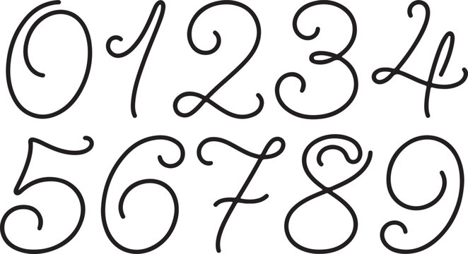 Set of handdrawn numbers from zero to nine, elegant calligraphic script font, decorative numerals
