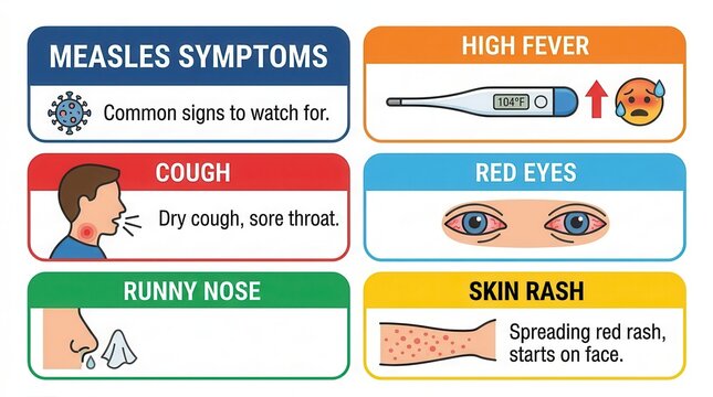 Medical infographic illustrating measles symptoms including fever, skin rash, cough, and red eyes.
