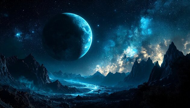 Alien landscape, night sky, celestial body
