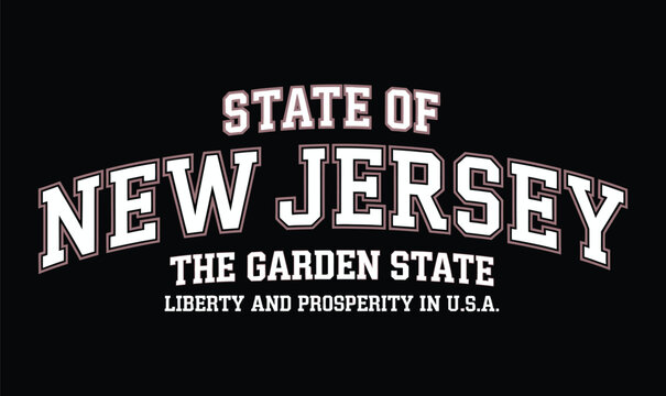 State of New Jersey Varsity Typography Design with Garden State Nickname and Liberty and Prosperity Motto