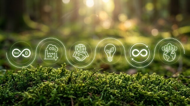 Net Zero sustainability path concept featuring circular icons for carbon reduction and clean energy.