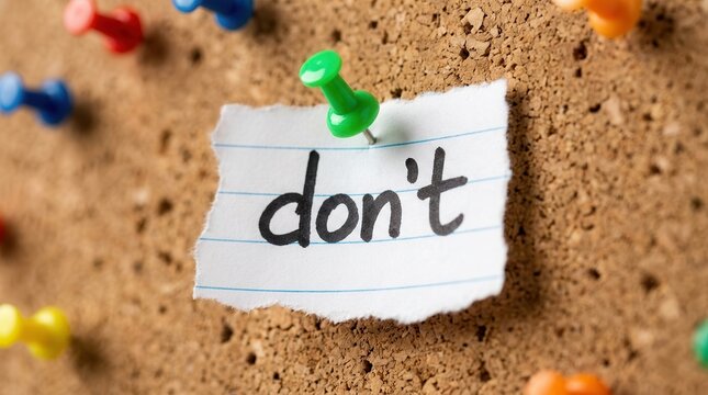 A torn piece of paper with the word don't written on it, pinned to a corkboard with colorful thumbtacks.