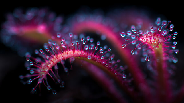 Intimate macro of a pink sundew carnivorous plant with gracefully curling stalks covered in glistening sticky dew droplets against a dark moody background