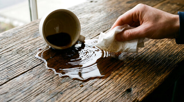 A person cleaning up a spilled cup of coffee on a wooden table with a tissue