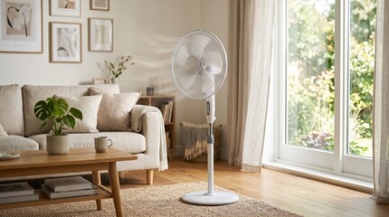 Naklejka premium Electric fan positioned in a bright living room with a beige sofa, wooden coffee table, and large windows showcasing greenery outside
