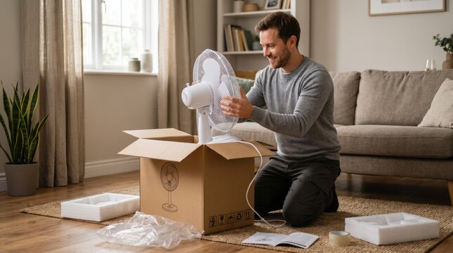 Man assembling electric fan from cardboard box in modern living room with natural light, indoor plants, and cozy furniture in the background