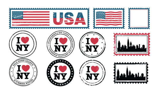 USA Postage Stamps and I Love NY Vector Seals Set for New York Souvenir and Travel Designs