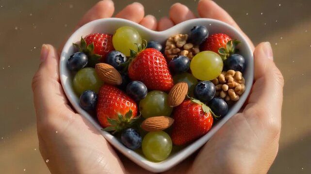 Hands holding a heart shaped bowl filled with fresh colorful fruits in this motion video