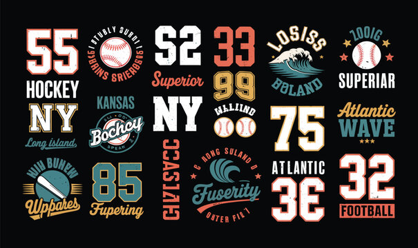 Varsity athletic typography vector emblem bundle on black background for sports t-shirt design
