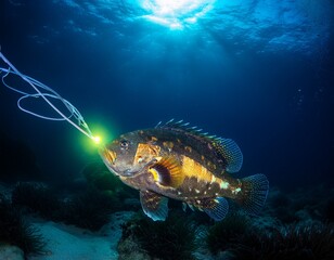 Obraz premium deep sea anglerfish with bioluminescent lure in dark ocean depths